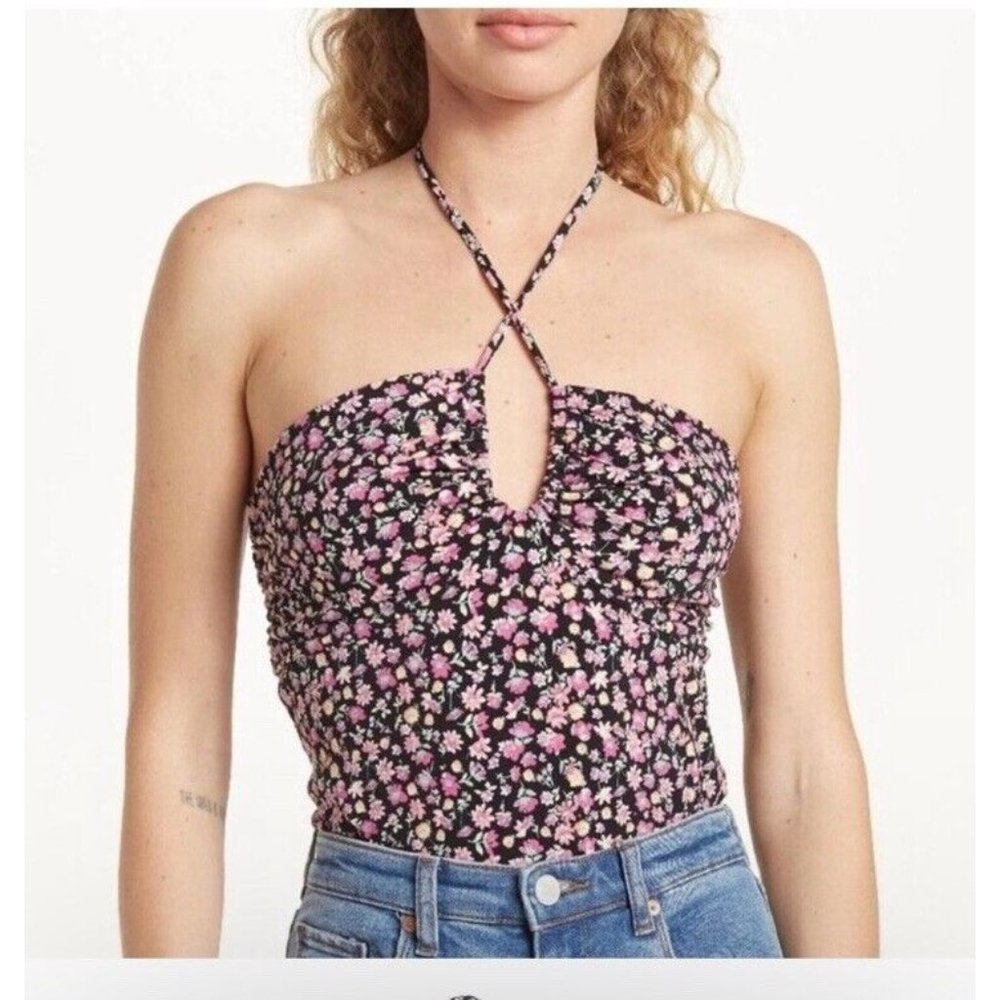 WAYF Halter Neck Bodysuit in Black Disty Floral sz XL NWT